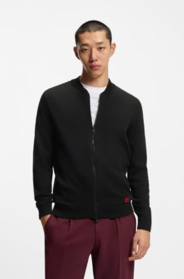 Knitted-cotton bomber-style cardigan with red logo label, Black