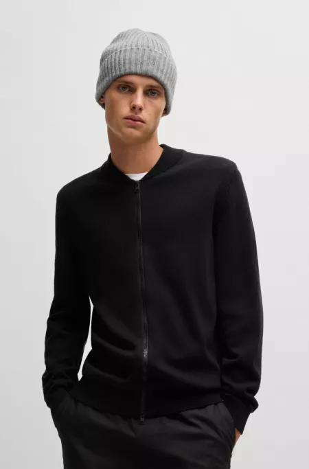 Knitted-cotton bomber-style cardigan with red logo label