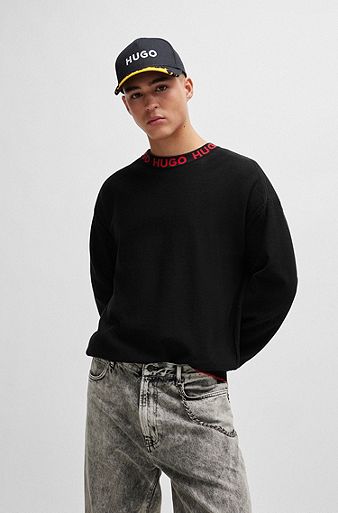 Oversized-fit sweater in pure cotton with logo collar, Black