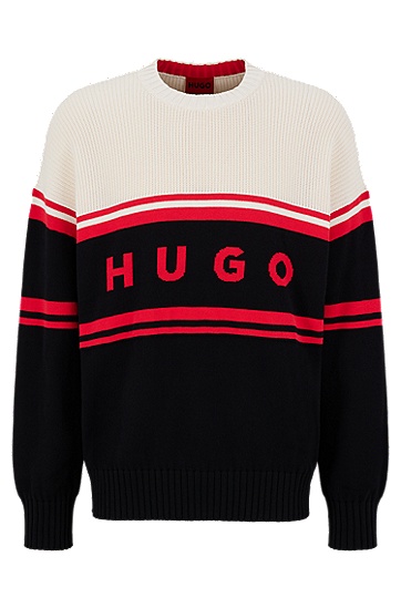 HUGO 雨果徽标提花条纹棉质毛衣,  001_Black