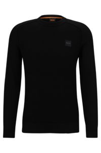 Mixed-structure cotton-cashmere sweater with woven label, Black