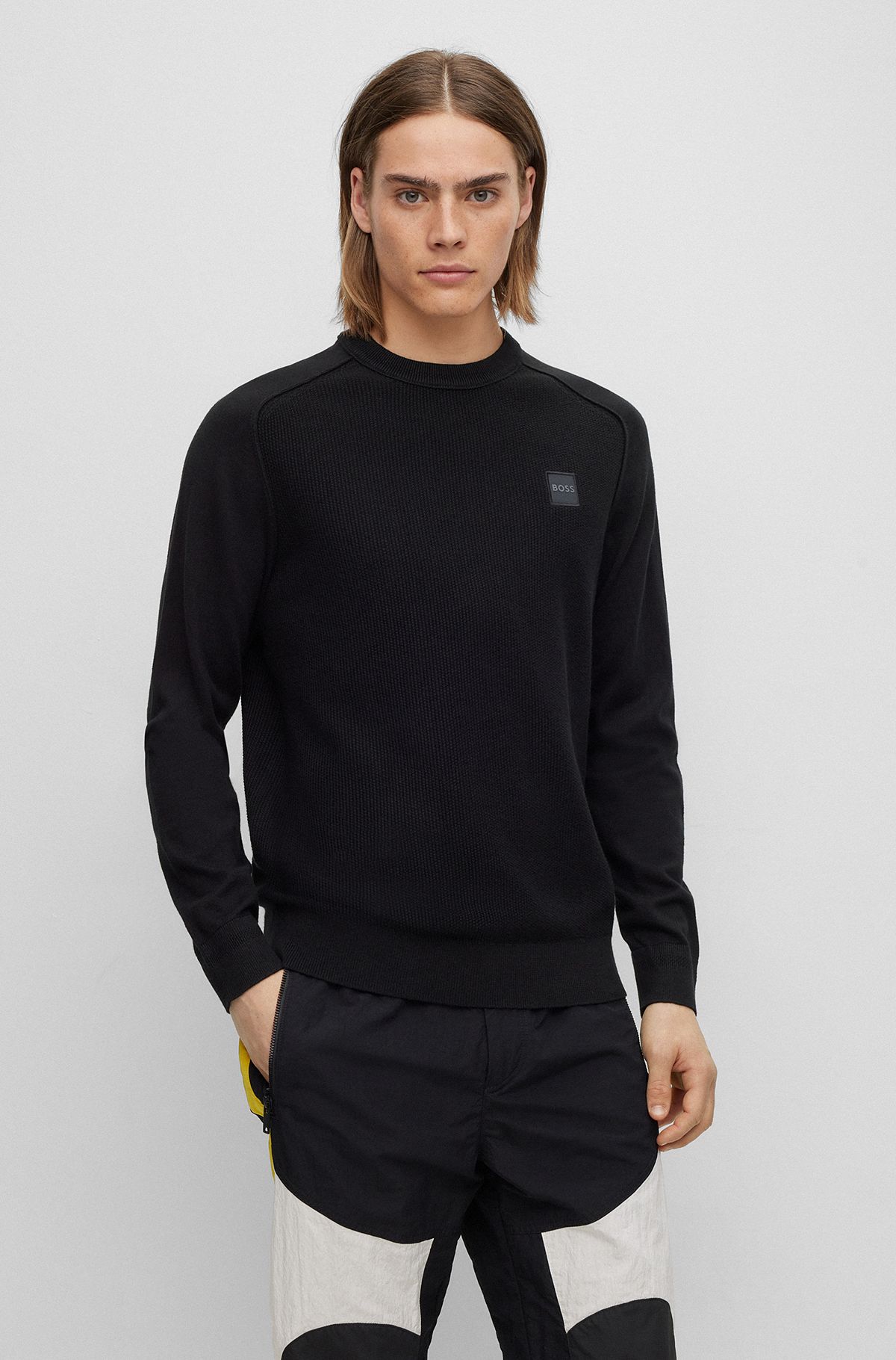 Mixed-structure cotton-cashmere sweater with woven label, Black