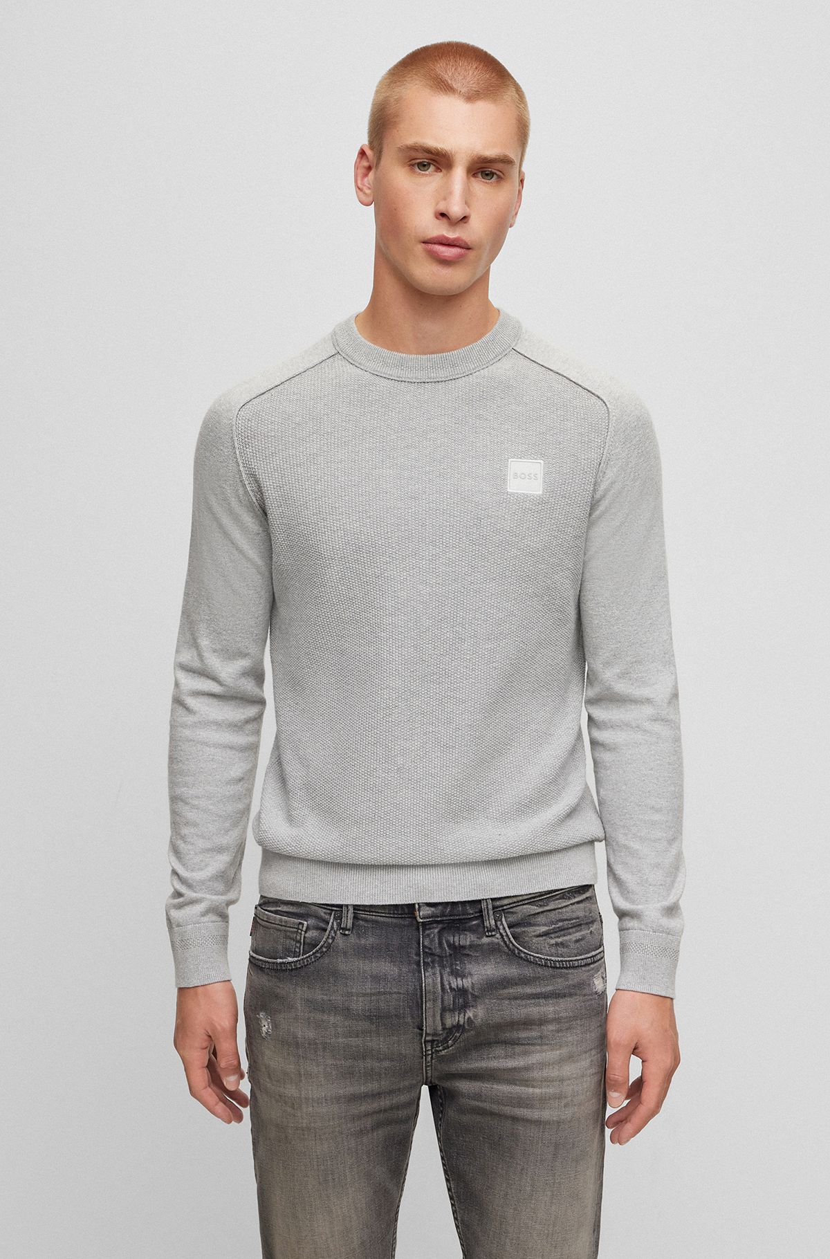 Mixed-structure cotton-cashmere sweater with woven label, Light Grey