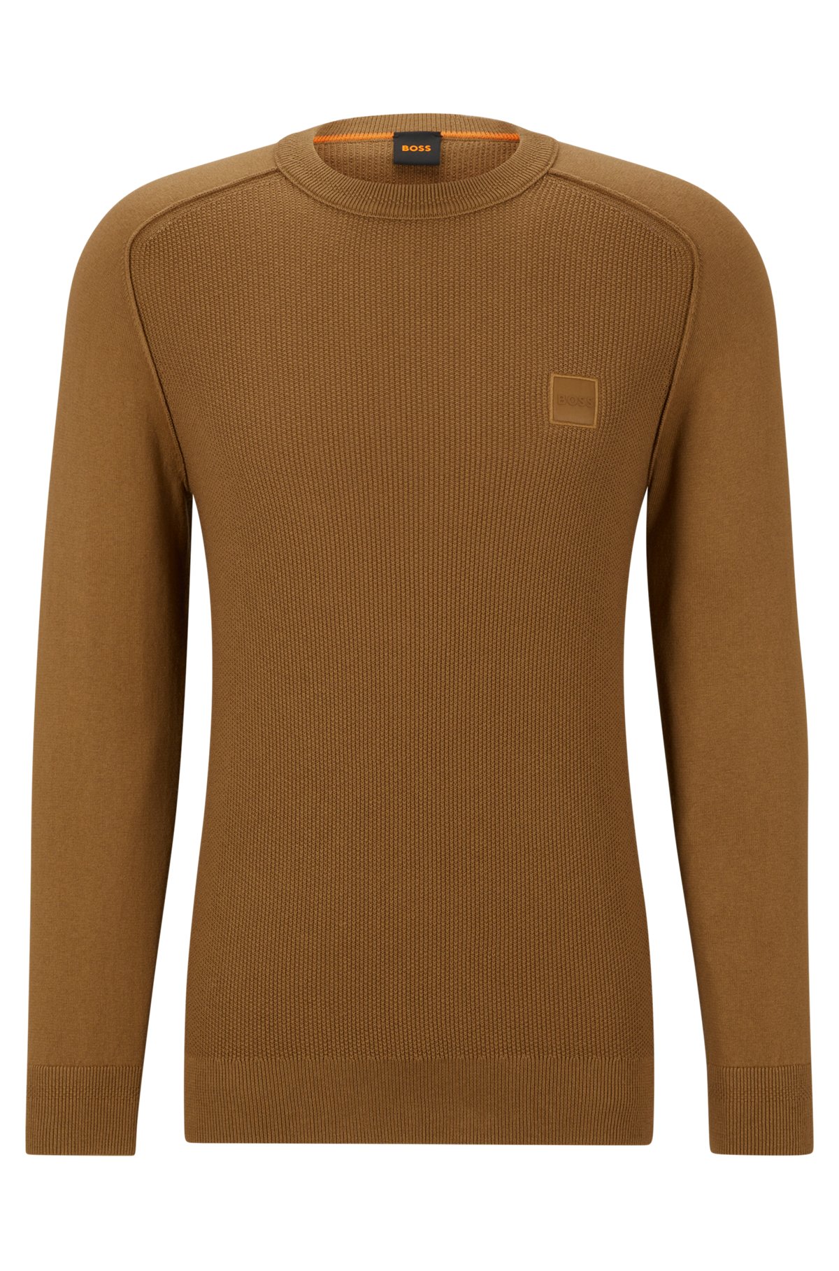 Mixed-structure cotton-cashmere sweater with woven label, Brown