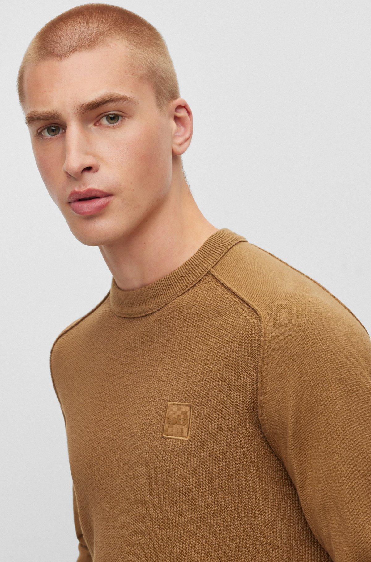 Mixed-structure cotton-cashmere sweater with woven label, Brown