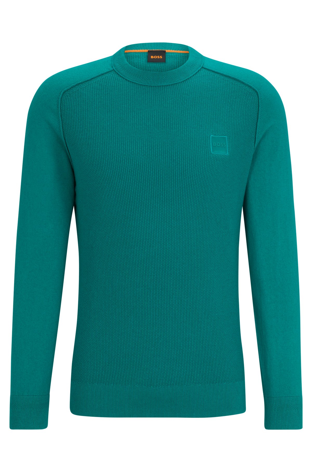 Mixed-structure cotton-cashmere sweater with woven label, Turquoise