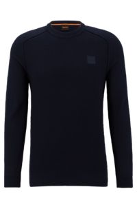 Mixed-structure cotton-cashmere sweater with woven label, Dark Blue