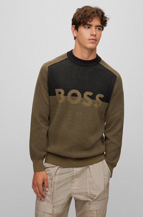 Regular-fit logo sweater in recot²® jacquard, Khaki