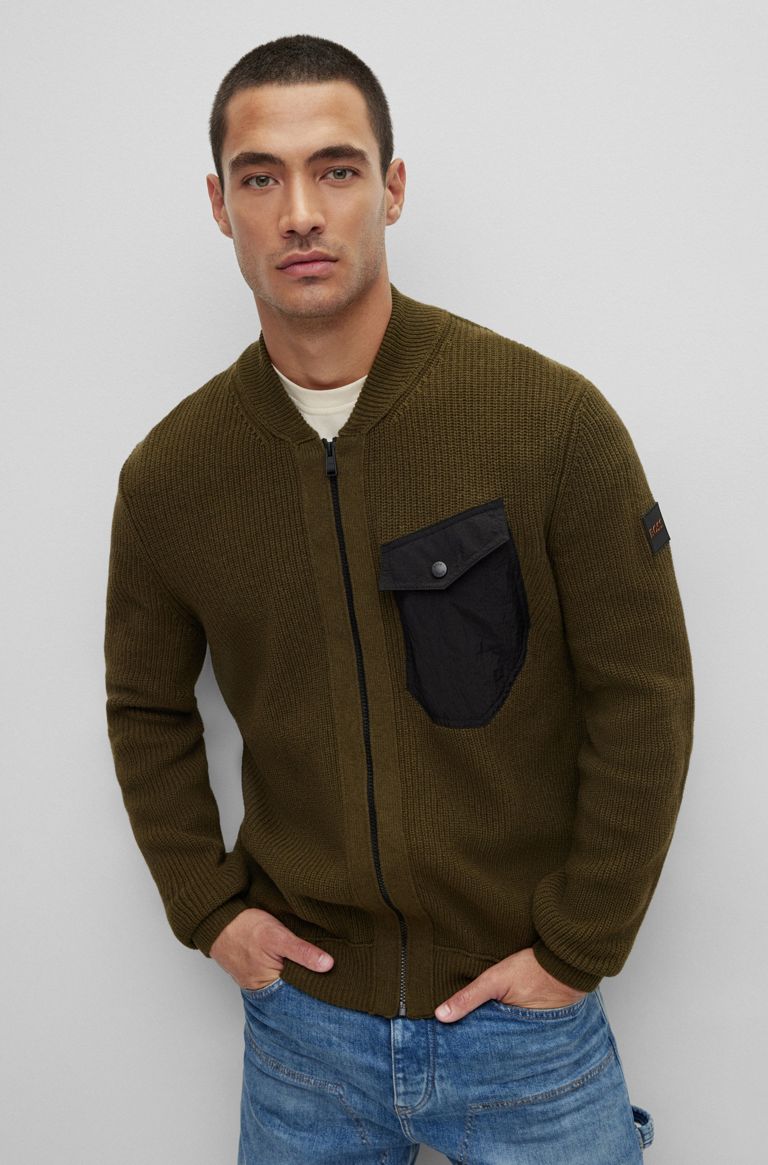 Regular-fit zip-up jacket in mixed materials, Dark Green