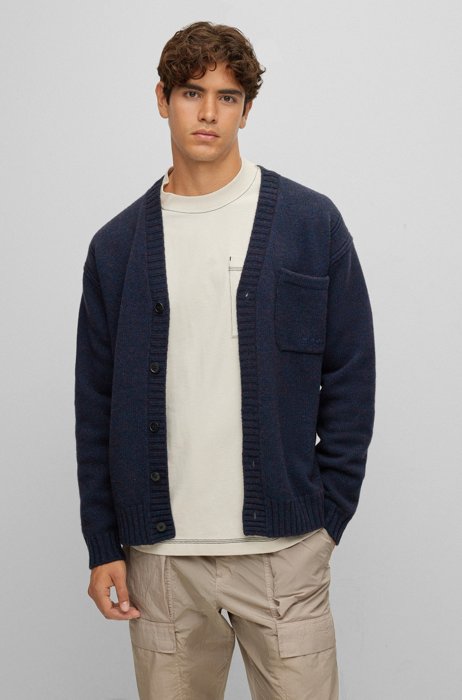 Wool-blend relaxed-fit cardigan with embroidered logo, Dark Blue