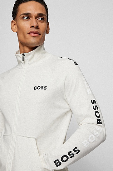 BOSS 博斯重复徽标印花双面棉质拉链夹克外套,  104_Natural