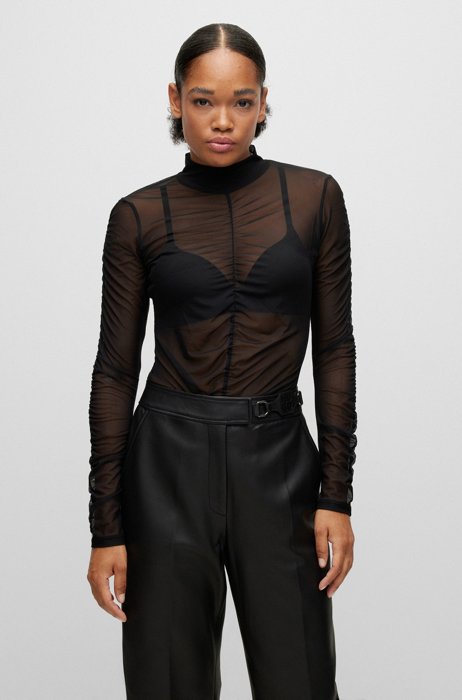 Mock-neck top in stretch mesh with ruffle details, Black
