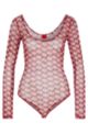 Mesh bodysuit in a slim fit with round neckline, Red Patterned