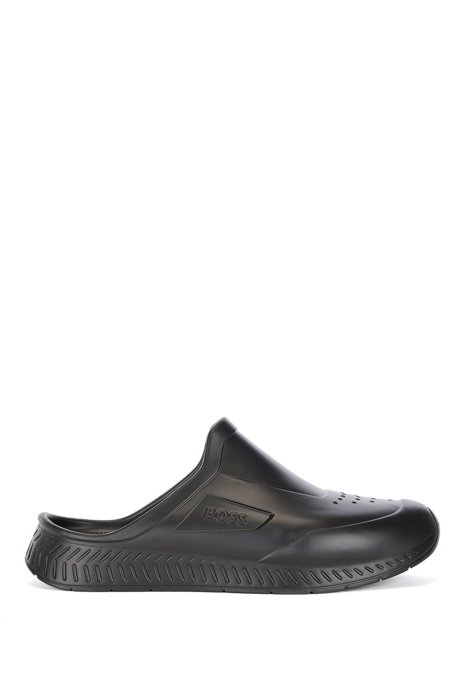 Rubberised slip-on sandals with embossed logo, Black
