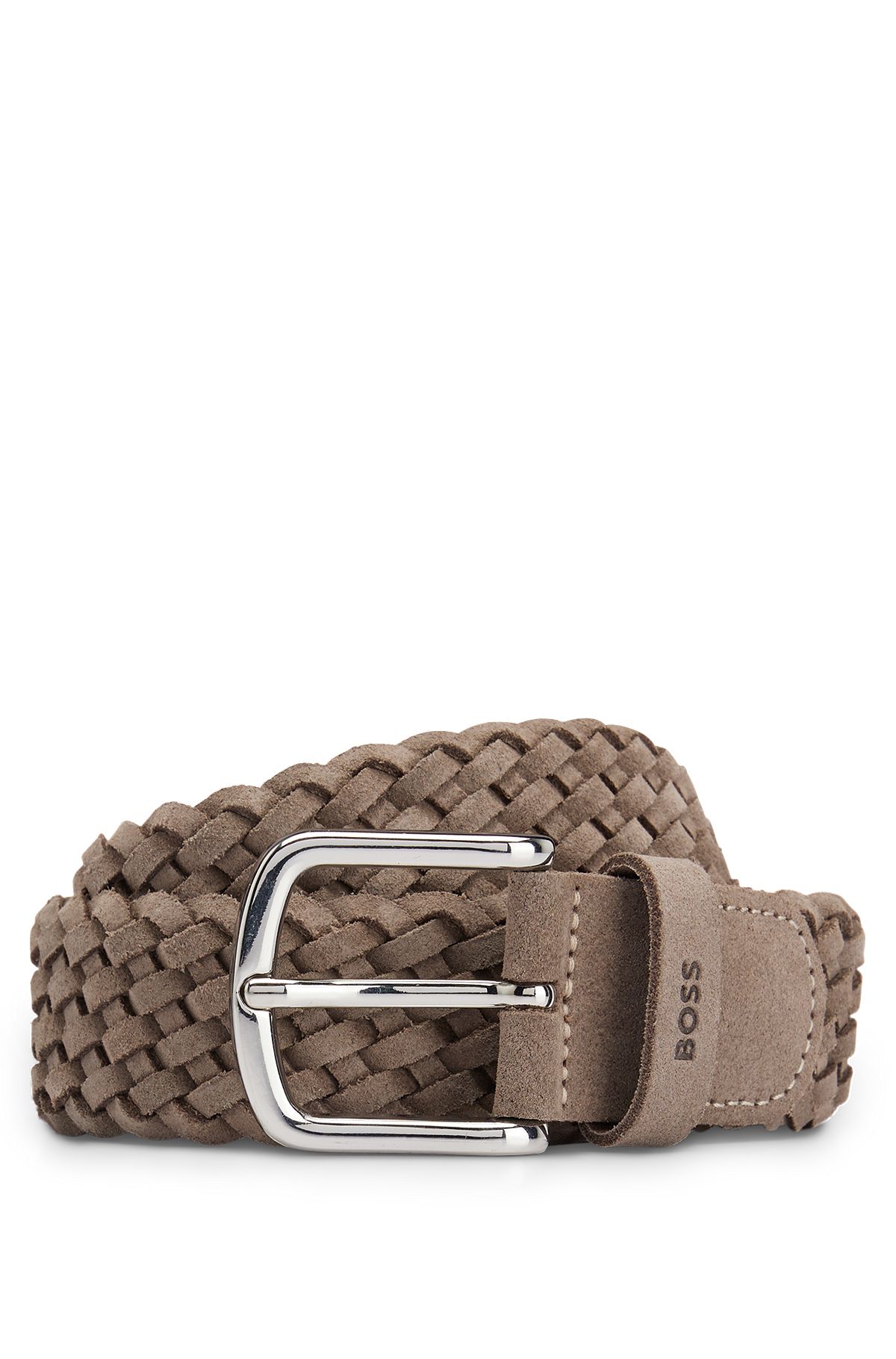 Branded-keeper belt in woven suede with polished buckle, Khaki