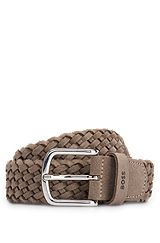 Branded-keeper belt in woven suede with polished buckle, Khaki