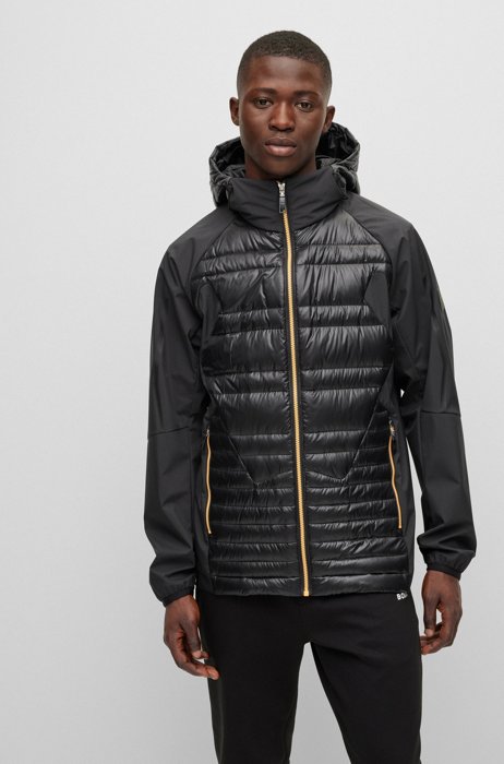 Hybrid water-repellent down jacket in mixed materials, Black