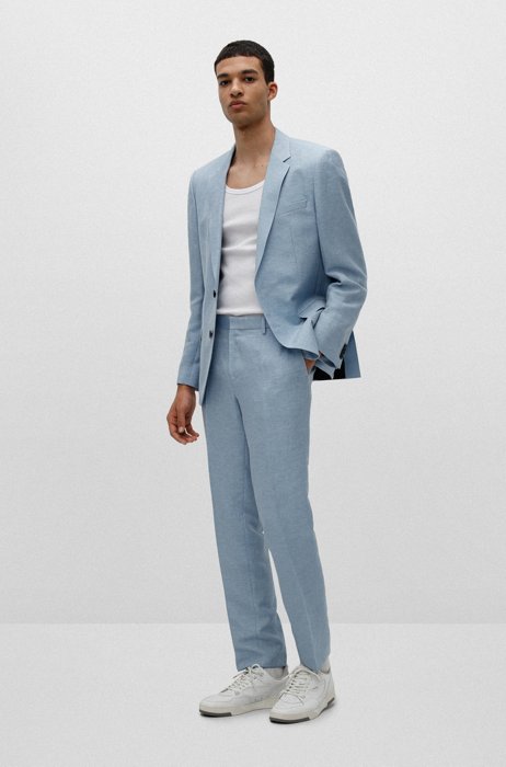 Slim-fit suit in structured linen-blend chambray, Light Blue