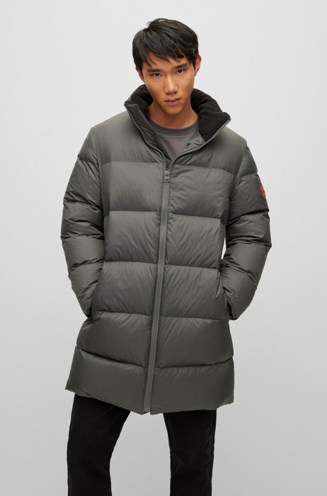 Water-repellent down puffer coat with red logo label, Dark Grey