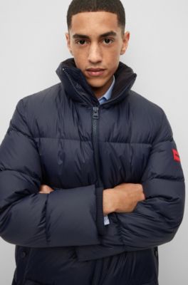 regular fit down coat with red logo label