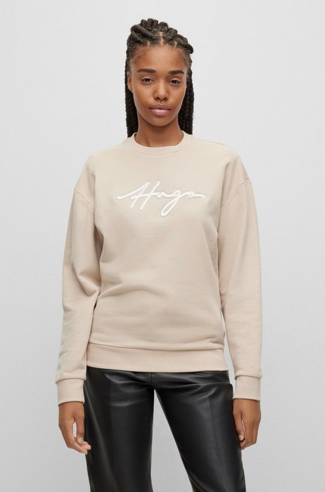 Cotton-terry sweatshirt with handwritten logo, Light Beige