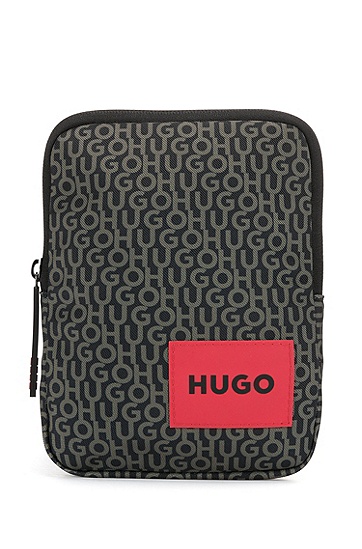 HUGO 雨果带品牌标识的红色标签徽标印花记者包,  001_Black