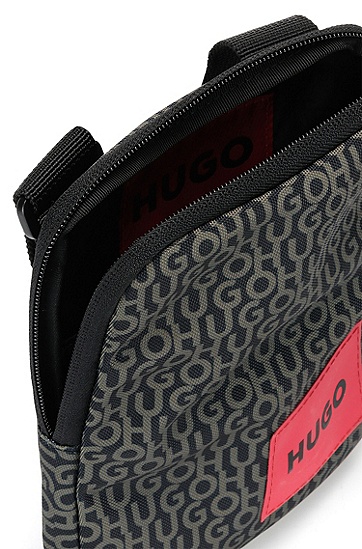 HUGO 雨果带品牌标识的红色标签徽标印花记者包,  001_Black
