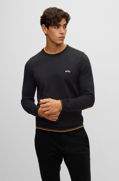 Organic-cotton regular-fit sweater with curved logo, Black
