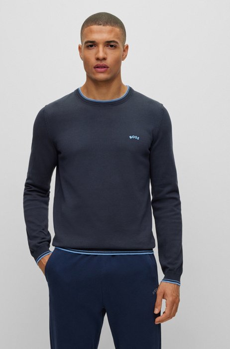 Organic-cotton regular-fit sweater with curved logo, Dark Blue