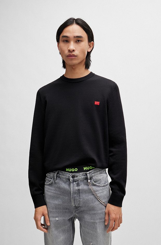 Organic-cotton sweater with red logo label, Black