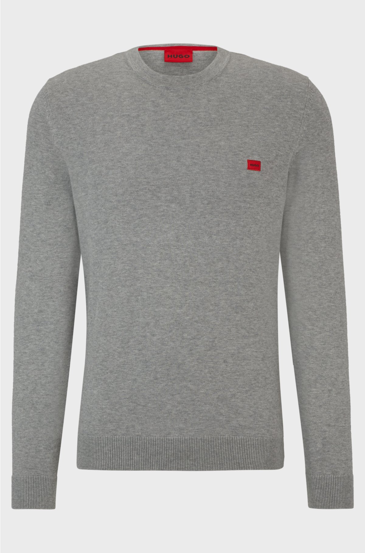 Knitted cotton sweater with red logo label, Grey