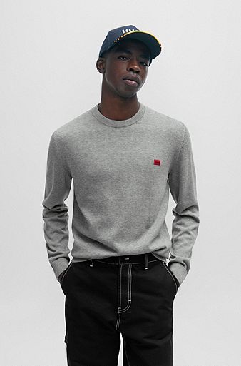 Knitted cotton sweater with red logo label, Grey