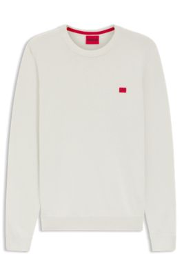Cotton sweater with red logo label, White