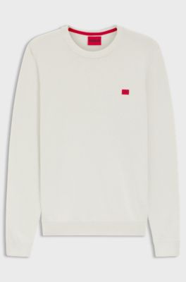 Cotton sweater with red logo label, White