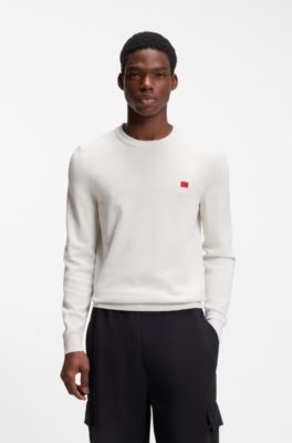 Cotton sweater with red logo label, White