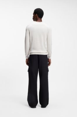 Cotton sweater with red logo label, Natural