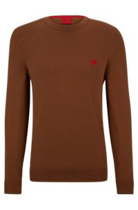Knitted cotton sweater with red logo label, Brown