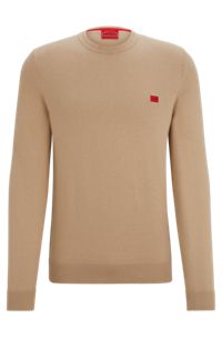 Knitted cotton sweater with red logo label, Beige