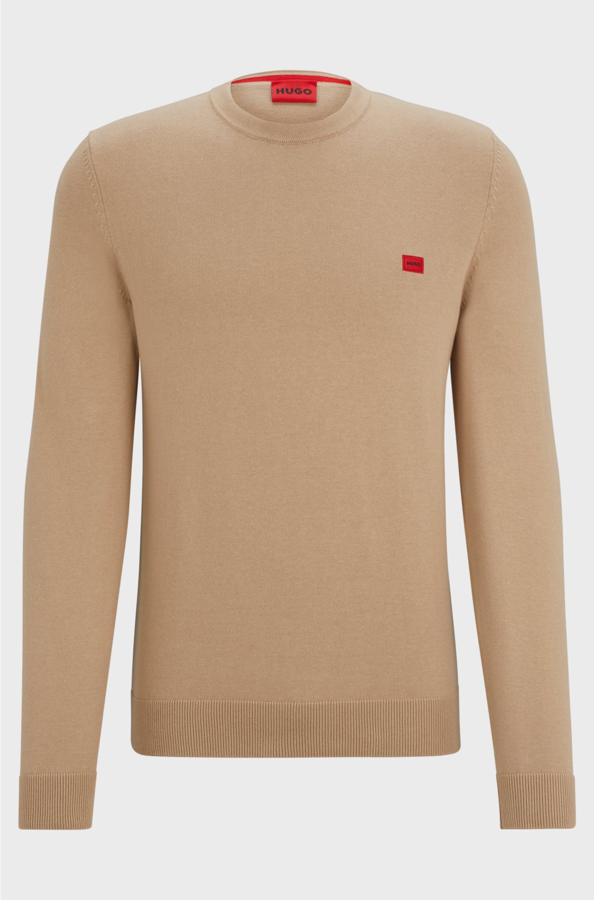 Knitted cotton sweater with red logo label, Beige