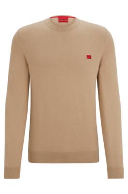 Hugo Knitted Cotton Sweater With Red Logo Label In Neutral