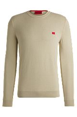 Knitted cotton sweater with red logo label, Light Beige