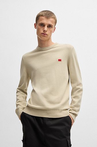 Knitted cotton sweater with red logo label, Light Beige