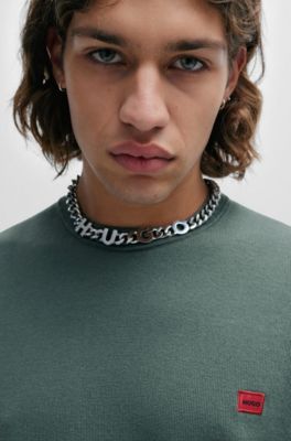 Cotton sweater with red logo label, Dark Green