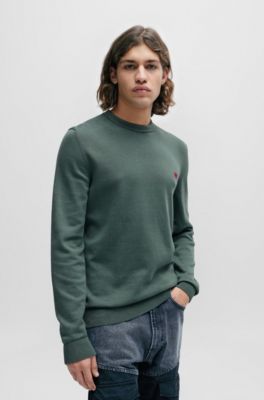 Cotton sweater with red logo label, Dark Green