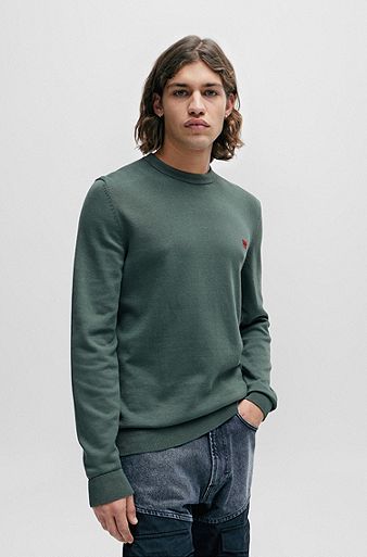 Knitted cotton sweater with red logo label, Dark Green
