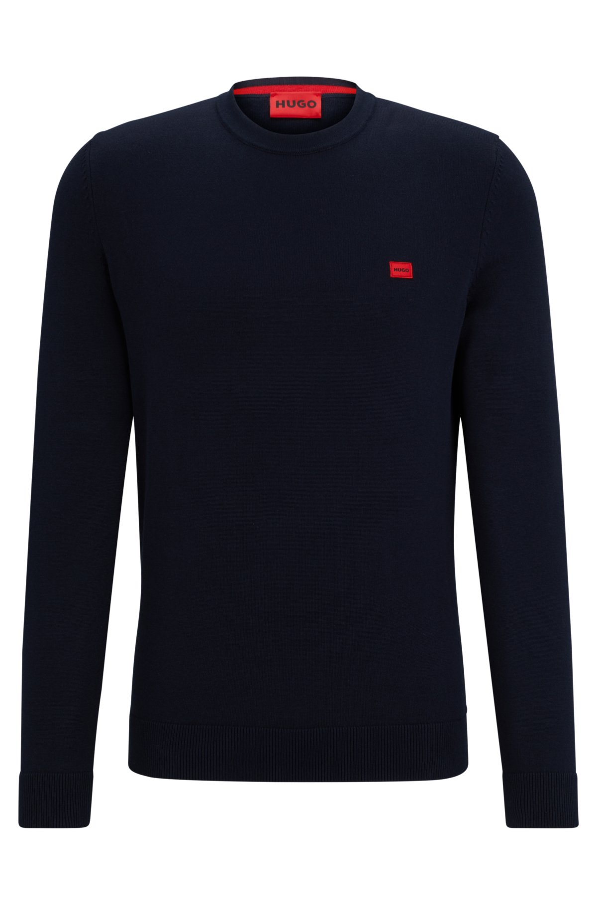 Knitted cotton sweater with red logo label, Dark Blue