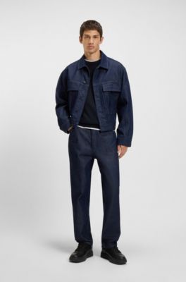 Cotton sweater with red logo label, Dark Blue