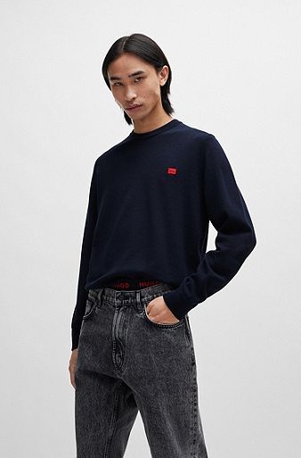 Organic-cotton sweater with red logo label, Dark Blue