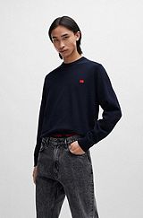 Knitted cotton sweater with red logo label, Dark Blue