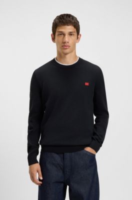 Maglione in cotone con etichetta con logo rossa, Blu scuro